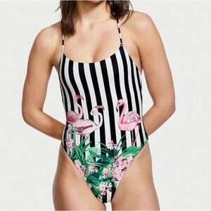 Victoria’s Secret Flamingo Striped One Piece Swimsuit Size Large